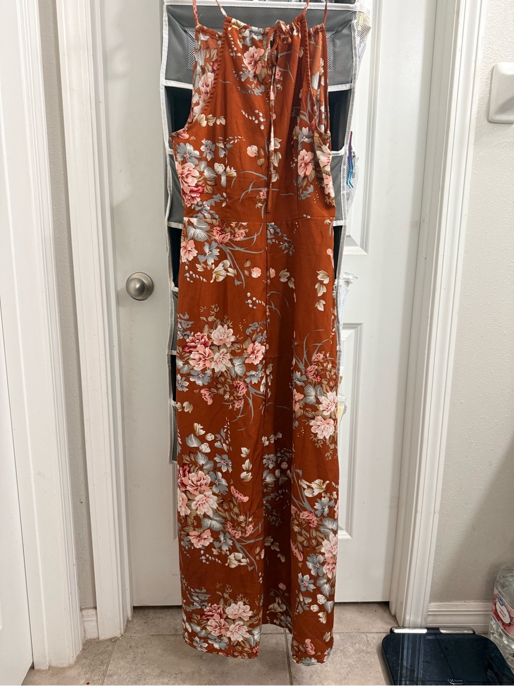 SHEIN Rust Floral Wide-Leg Jumpsuit with Pink Flowers